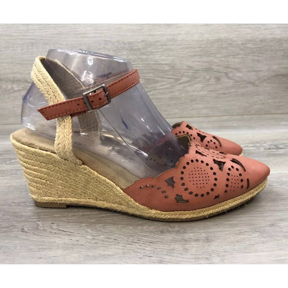 Rialto Coya‎ Women's Sandal 8.5 Pink Leather Ankle Strap Espadrille Wedge Shoes